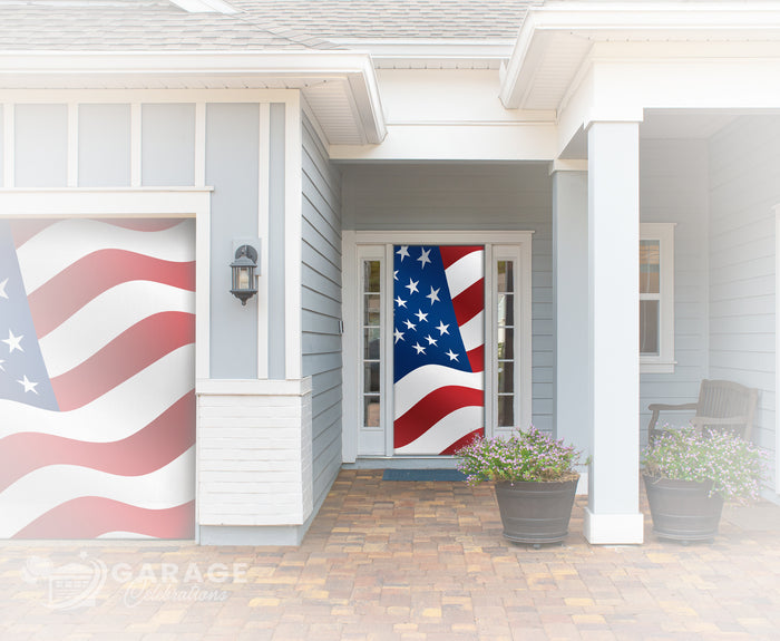 American Flag on a residential door with bushes.