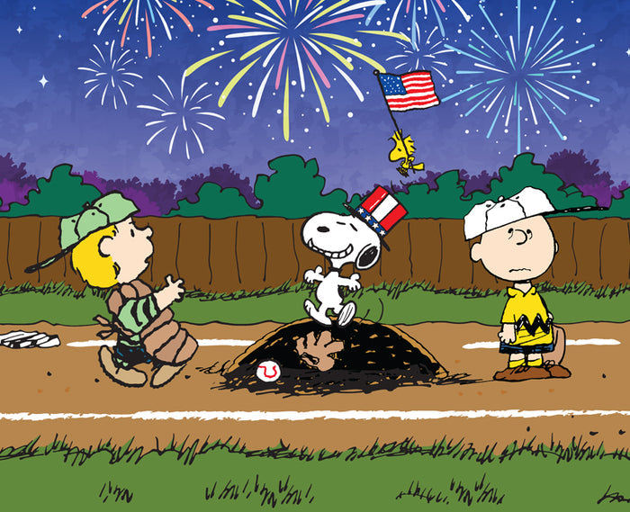 Snoopy and other Peanuts characters celebrating a Fourth of July event with fireworks in the background.