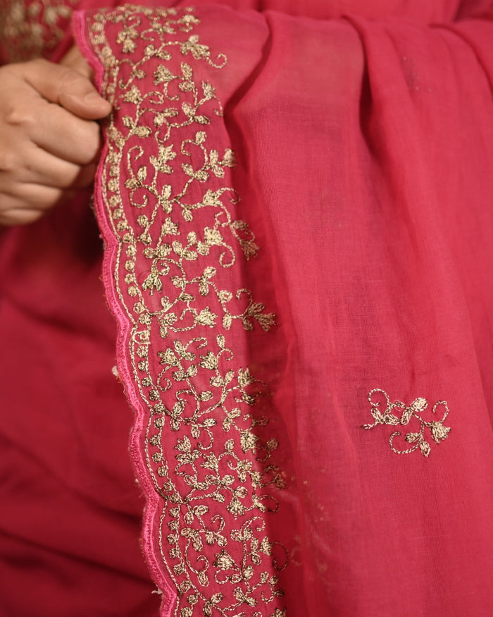Amrapali fuchsia pink zari embroidered mulmul cotton saree, a lightweight breathable saree for festive and summer wear.