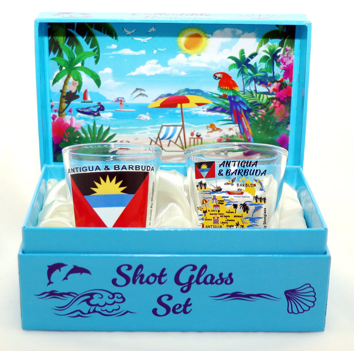 Antigua & Barbuda Caribbean Shot Glass Boxed Set (Set of 2)