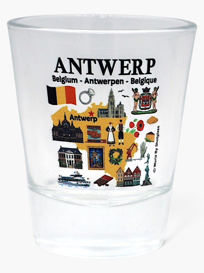 Antwerp Belgium Landmarks and Icons Collage Shot Glass