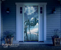 Halloween-themed decorative door with an spider design in a scary home interior setting.
