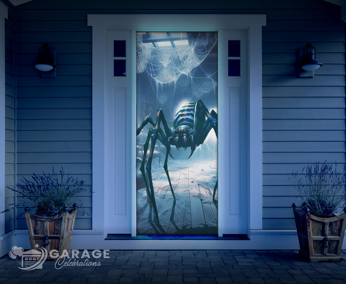 Halloween-themed decorative door with an spider design in a scary home interior setting.