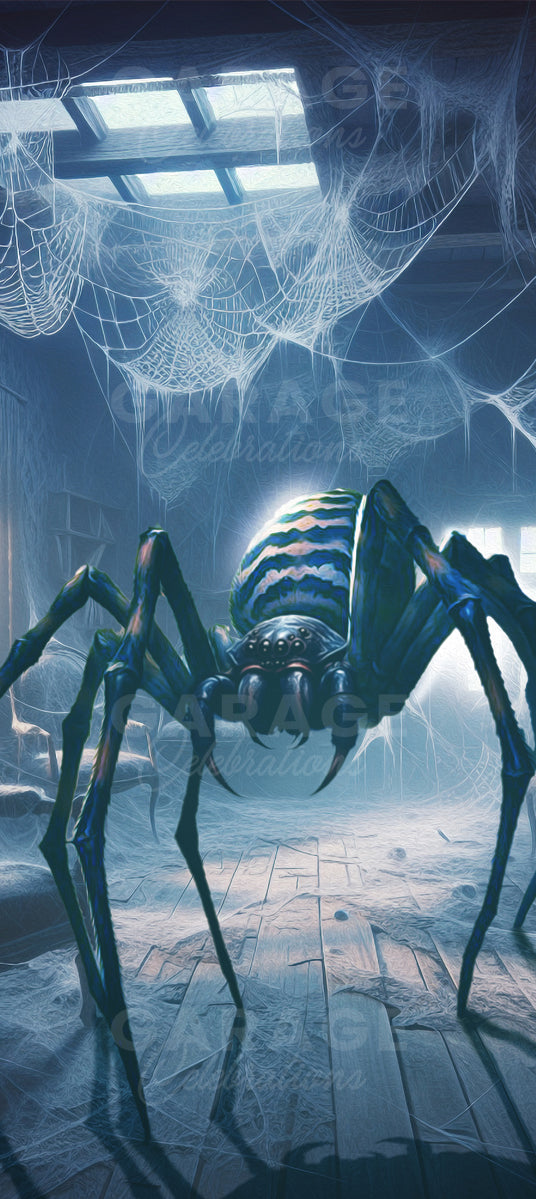 Large spider-like creature in a scary old room with spider webs.