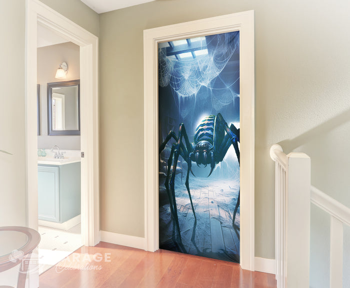Decorative door with an spider design in a scary home interior setting.