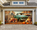Garage door with a scenic design of a vintage truck and pumpkins in front of a barn.