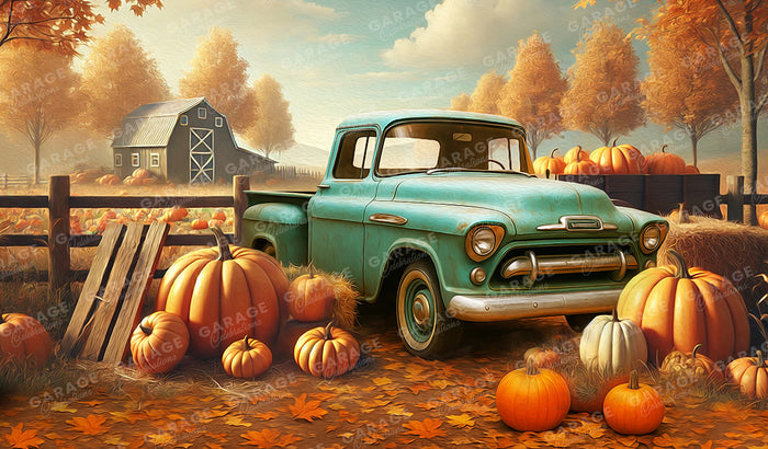 Vintage teal truck in a pumpkin patch with autumn trees and barn in the background