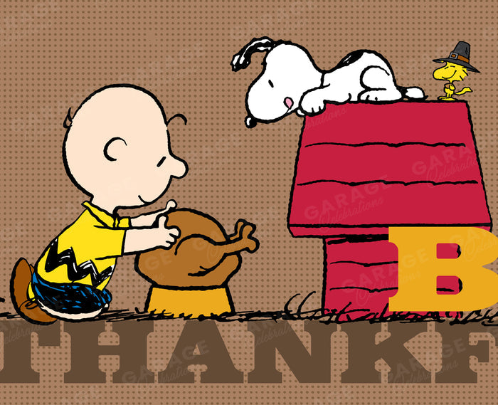 Cartoon characters from 'Peanuts' with a turkey and 'Thankful' text on a brown background