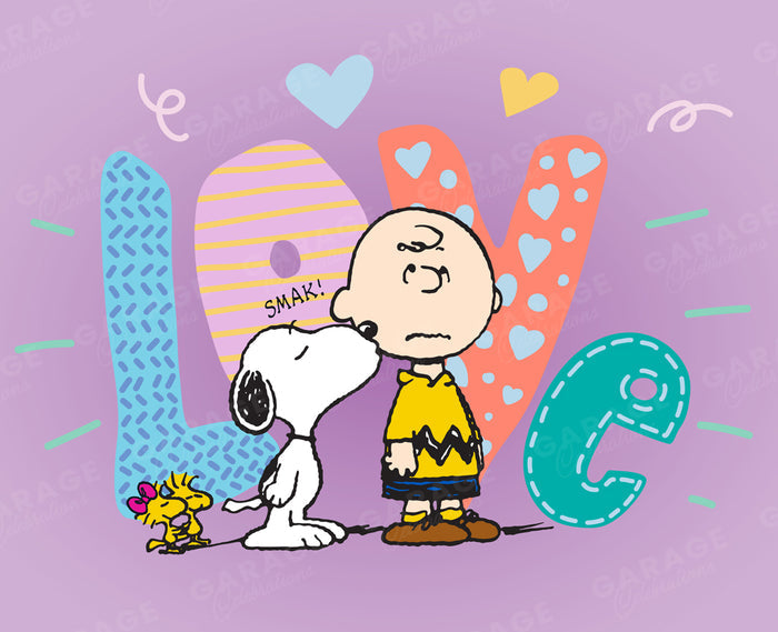 Peanuts characters Snoopy and Woodstock with a colorful 'LOVE' background on a purple background