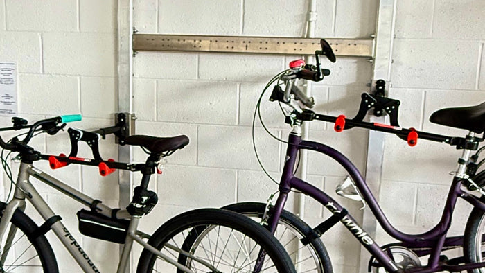 Bike hook accessory mounted on the freestanding ARackAbove rack for vertical garage bike storage