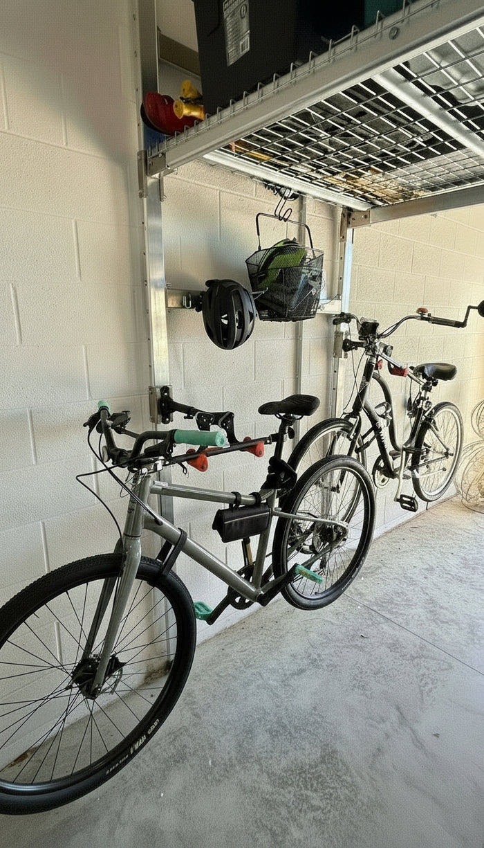 Bikes mounted on ARackAbove’s bike hook accessory in a three-car garage, showing real customer setup and vertical bike storage.