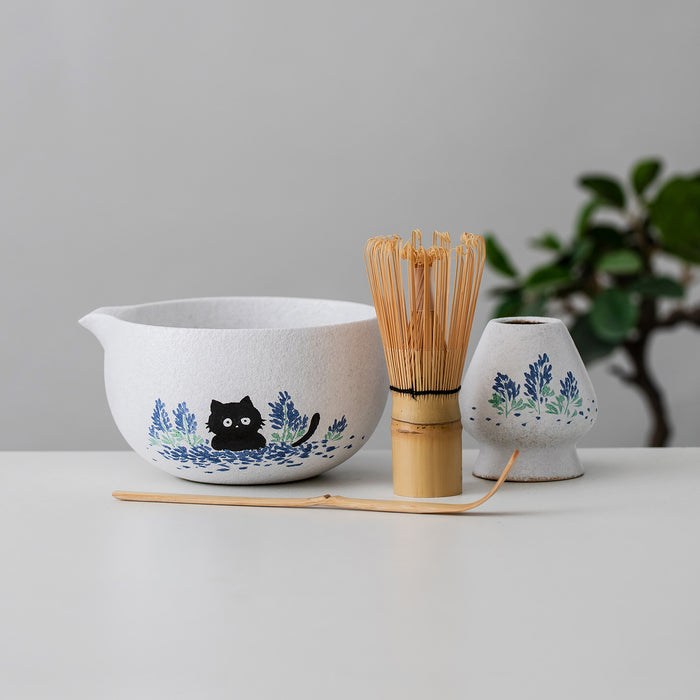 Black Cat Bluebonnet Ceramic Matcha Set with Bowl and Chasen Holder