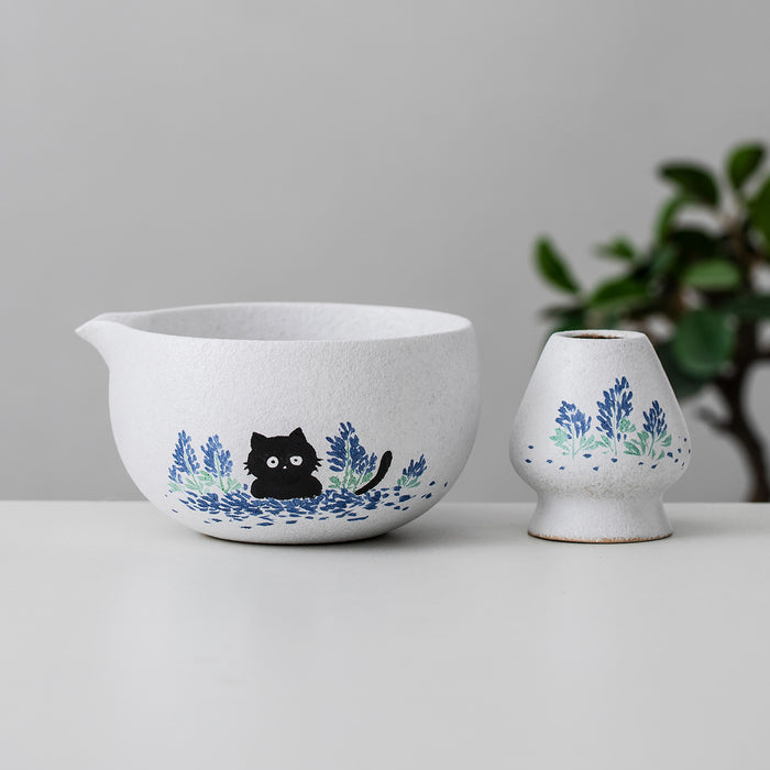 Black Cat Bluebonnet Ceramic Matcha Set with Bowl and Chasen Holder