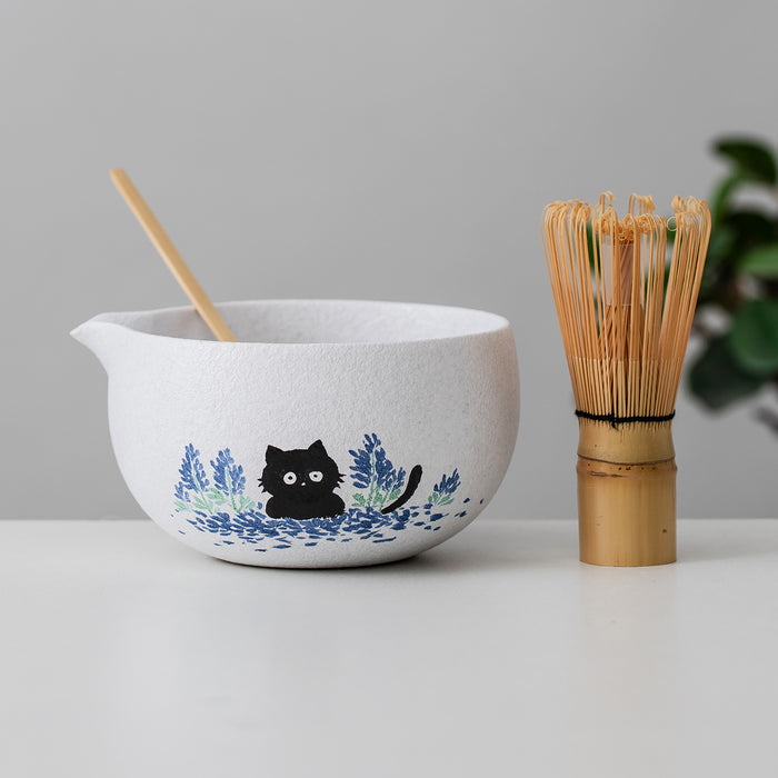 Black Cat Bluebonnet Ceramic Matcha Set with Bowl and Chasen Holder