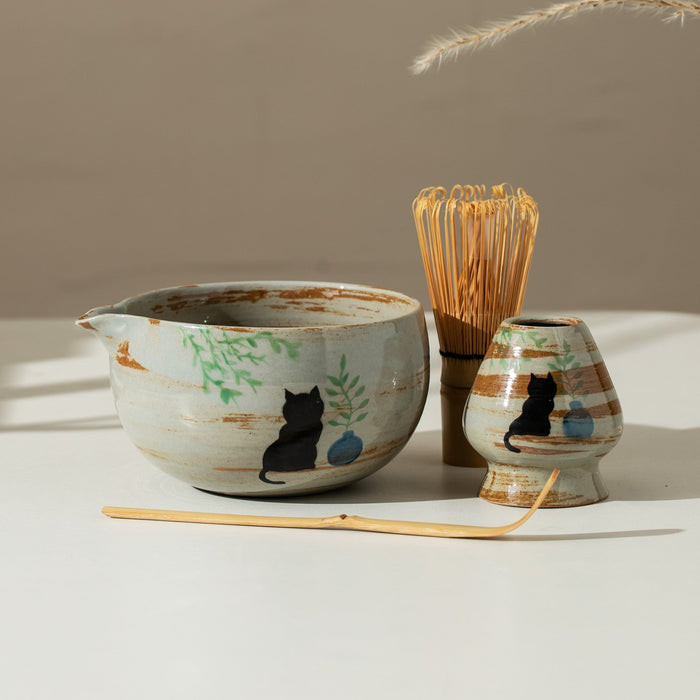 Black Cat Ceramic Matcha Set with Bowl and Chasen Holder
