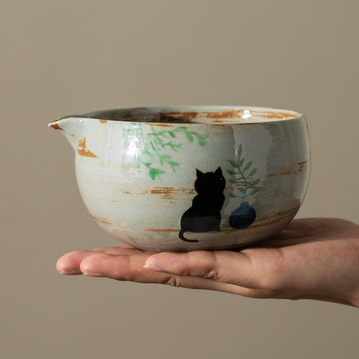 Black Cat Ceramic Matcha Set with Bowl and Chasen Holder