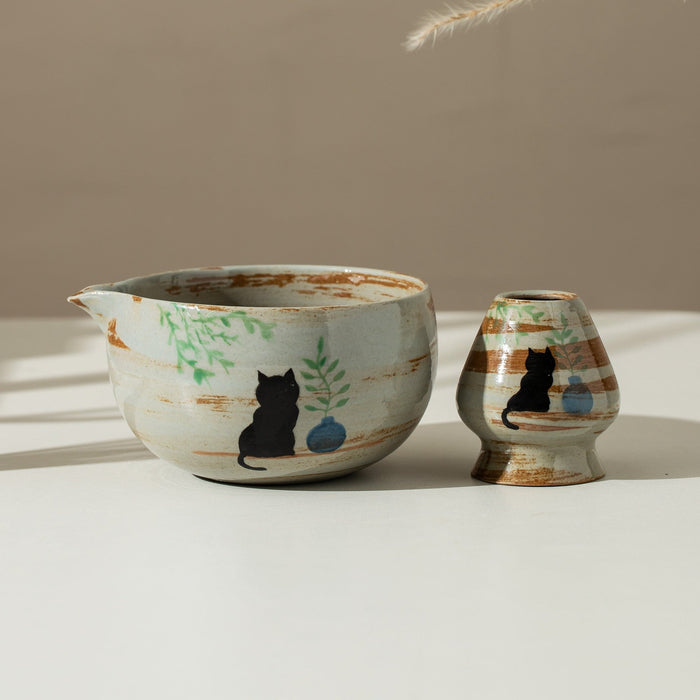Black Cat Ceramic Matcha Set with Bowl and Chasen Holder