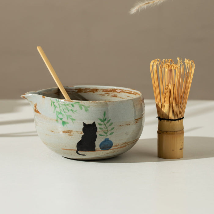 Black Cat Ceramic Matcha Set with Bowl and Chasen Holder