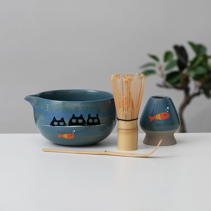 Black Cat Fish Ceramic Matcha Set with Bowl and Chasen Holder