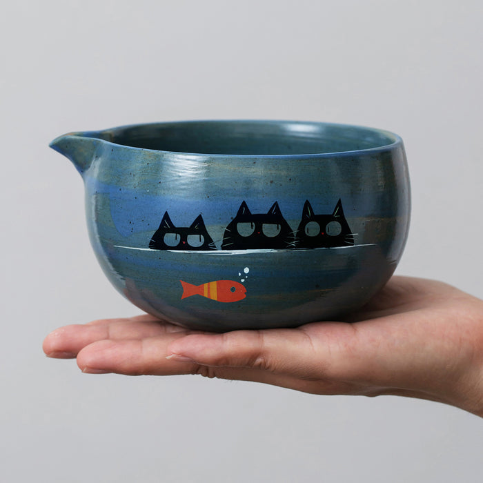 Black Cat Fish Ceramic Matcha Set with Bowl and Chasen Holder