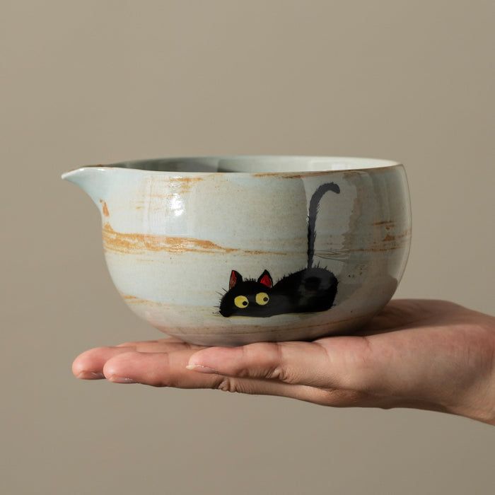 Black Cat Fish Ceramic Matcha Set with Bowl and Chasen Holder