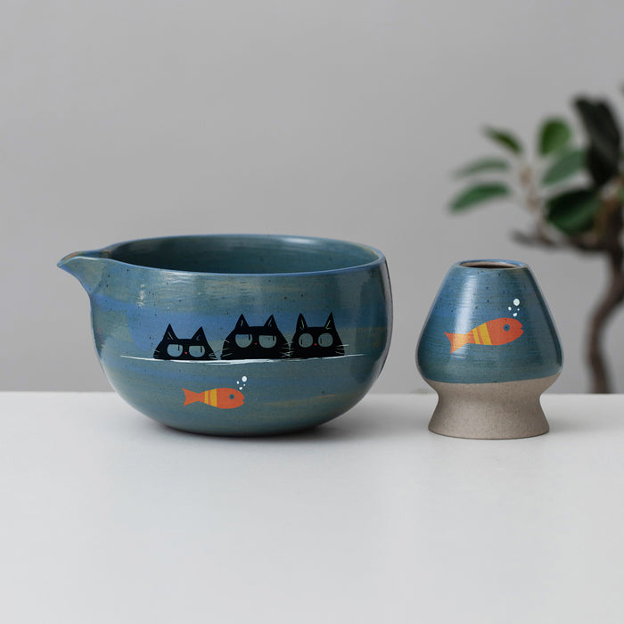 Black Cat Fish Ceramic Matcha Set with Bowl and Chasen Holder
