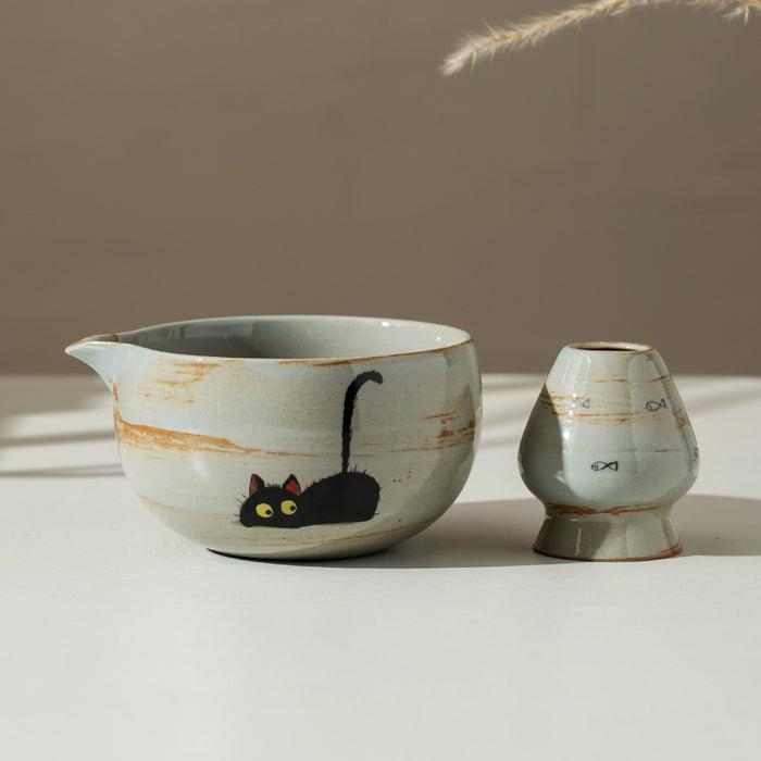 Black Cat Fish Ceramic Matcha Set with Bowl and Chasen Holder