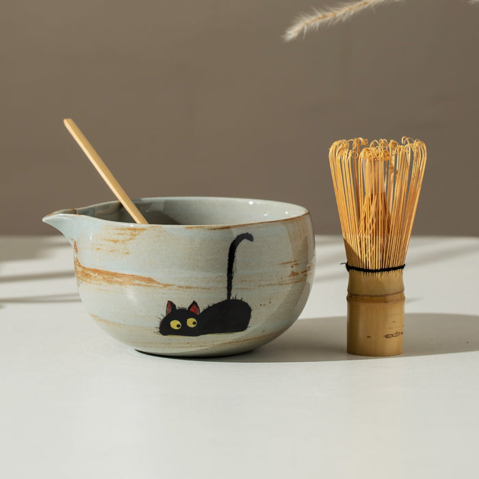 Black Cat Fish Ceramic Matcha Set with Bowl and Chasen Holder