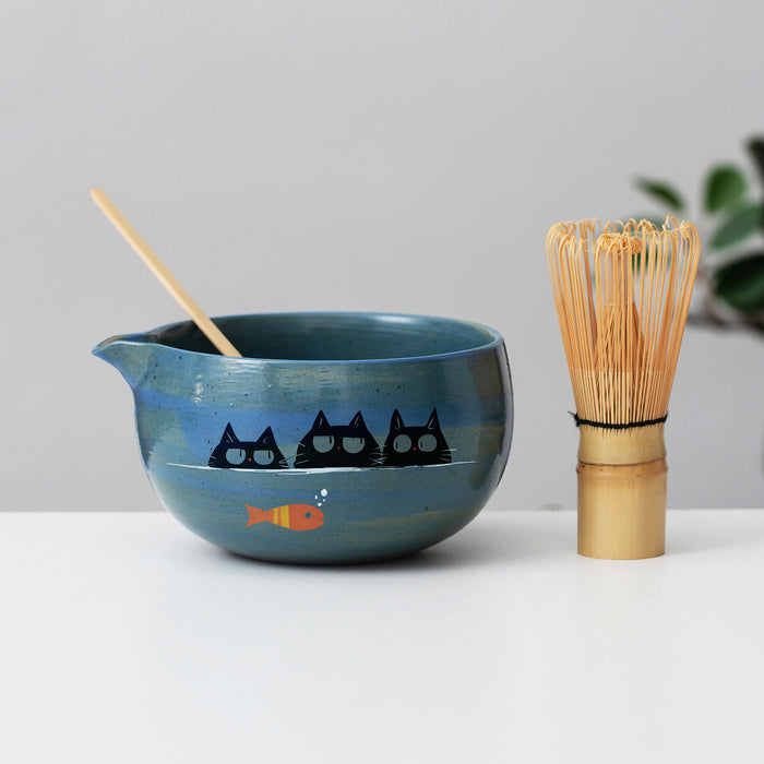Black Cat Fish Ceramic Matcha Set with Bowl and Chasen Holder