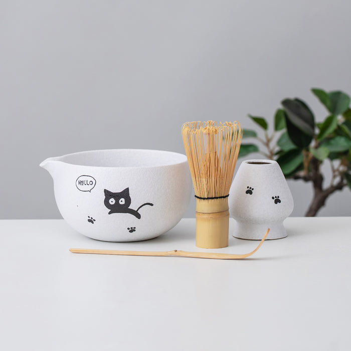 Black Cat Kitty Ceramic Matcha Set with Bowl and Chasen Holder