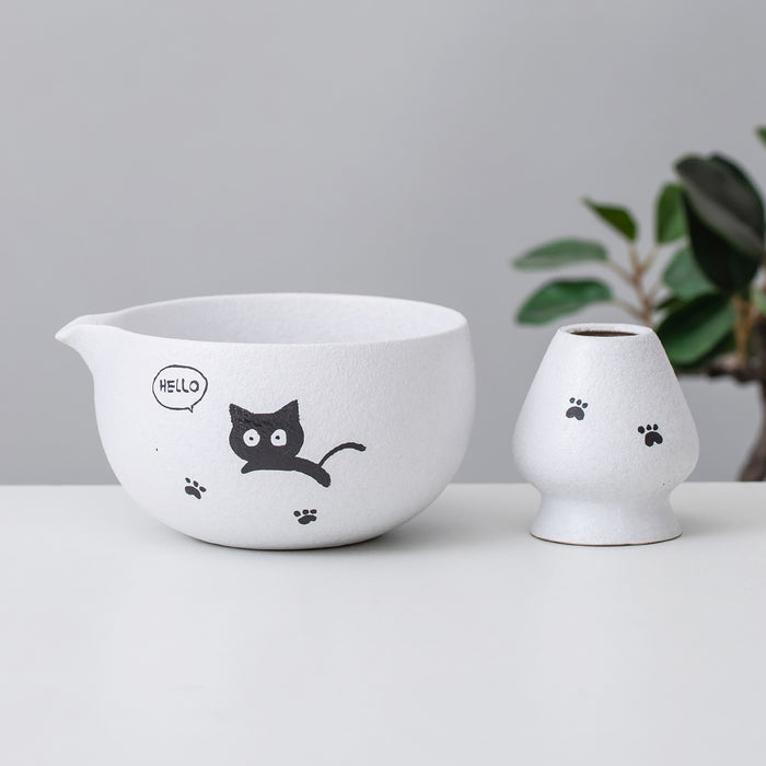 Black Cat Kitty Ceramic Matcha Set with Bowl and Chasen Holder