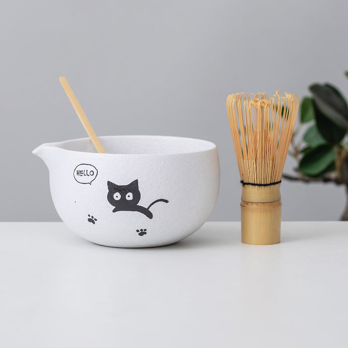 Black Cat Kitty Ceramic Matcha Set with Bowl and Chasen Holder
