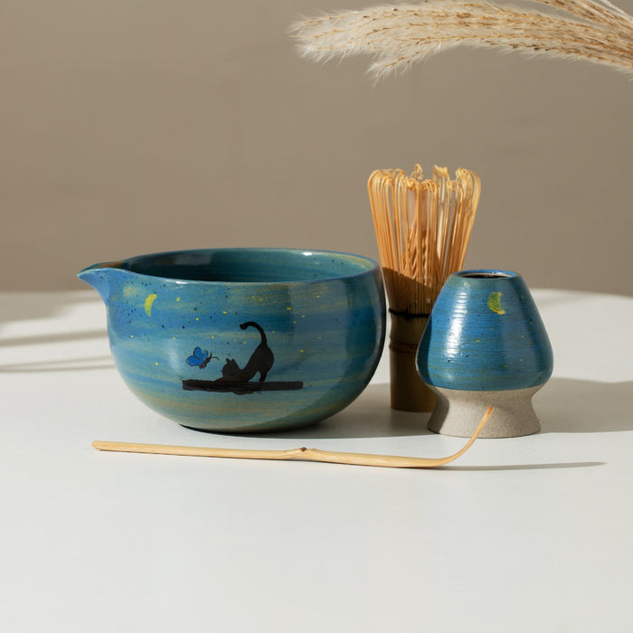 Black Cat Moon Ceramic Matcha Set with Bowl and Chasen Holder