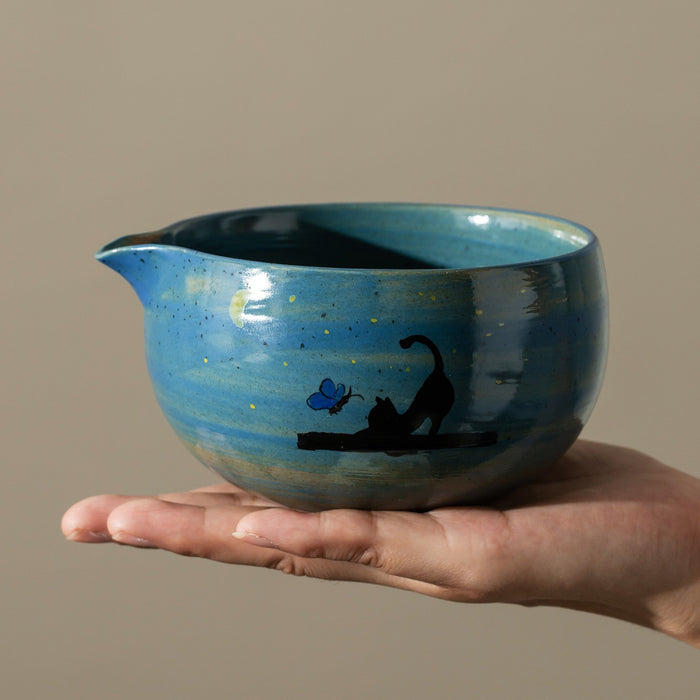 Black Cat Moon Ceramic Matcha Set with Bowl and Chasen Holder
