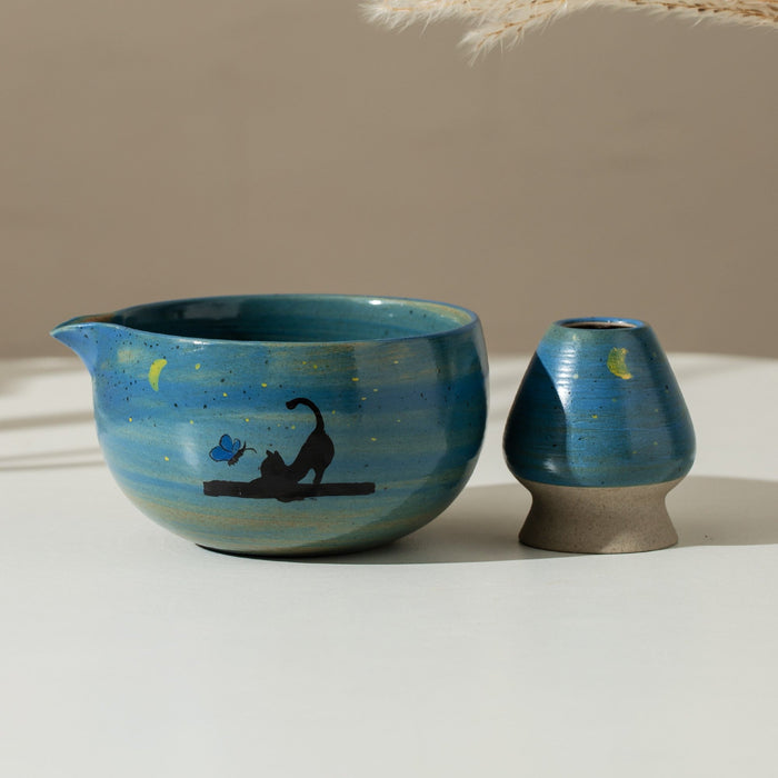 Black Cat Moon Ceramic Matcha Set with Bowl and Chasen Holder