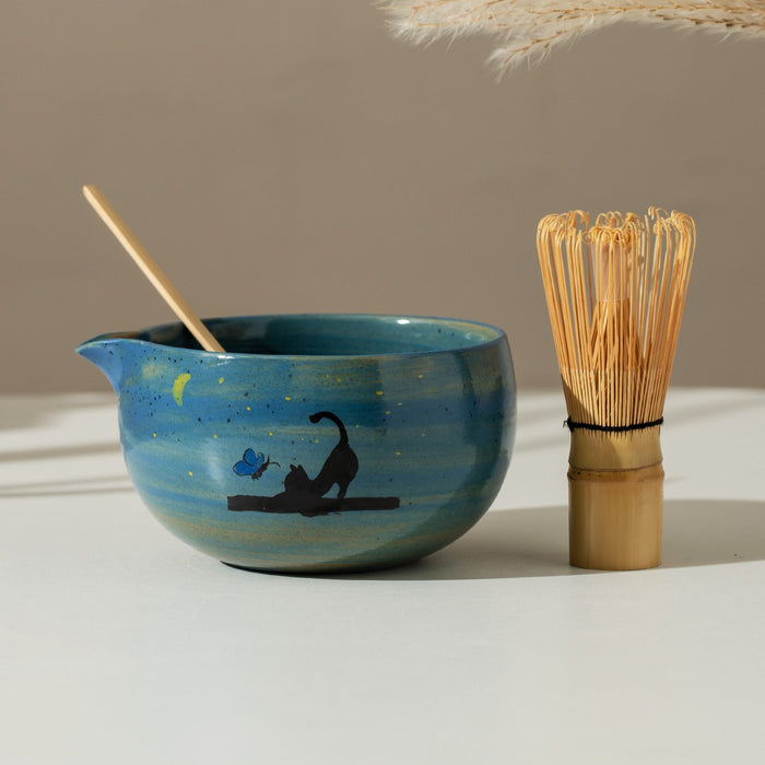 Black Cat Moon Ceramic Matcha Set with Bowl and Chasen Holder