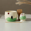 Black Cat Sunrise Ceramic Matcha Set with Bowl and Chasen Holder