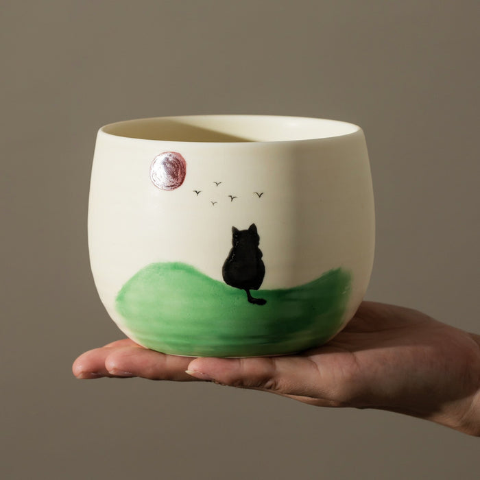 Black Cat Sunrise Ceramic Matcha Set with Bowl and Chasen Holder