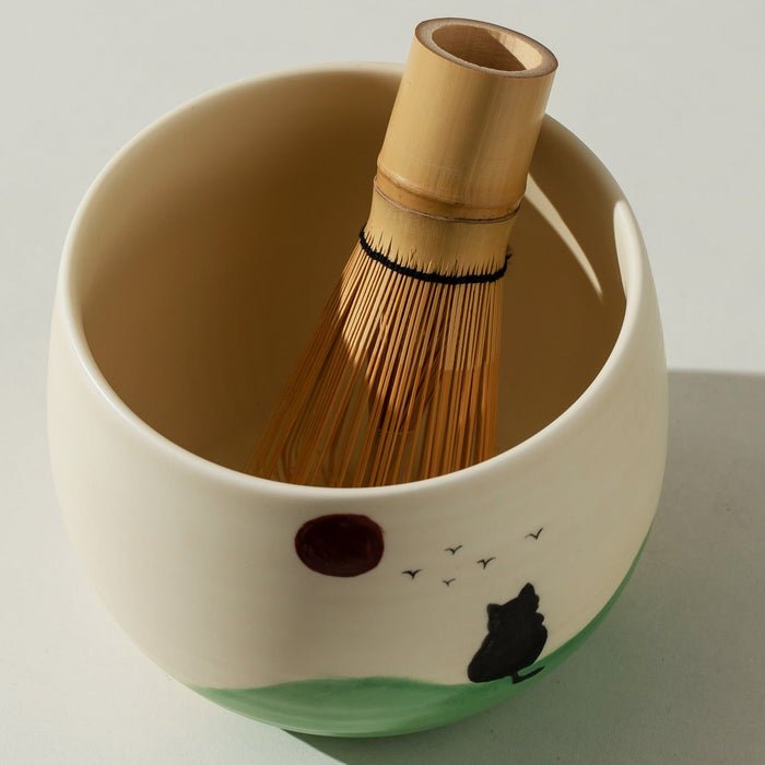 Black Cat Sunrise Ceramic Matcha Set with Bowl and Chasen Holder
