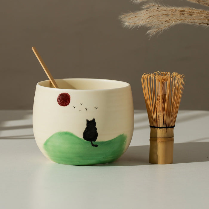 Black Cat Sunrise Ceramic Matcha Set with Bowl and Chasen Holder
