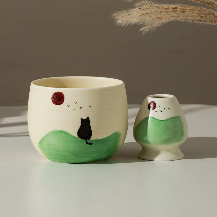 Black Cat Sunrise Ceramic Matcha Set with Bowl and Chasen Holder