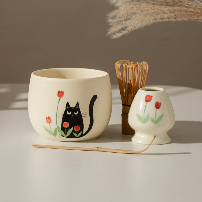 Black Cat Tulip Ceramic Matcha Set with Bowl and Chasen Holder