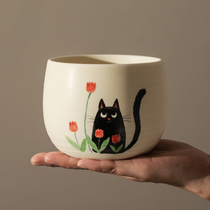 Black Cat Tulip Ceramic Matcha Set with Bowl and Chasen Holder