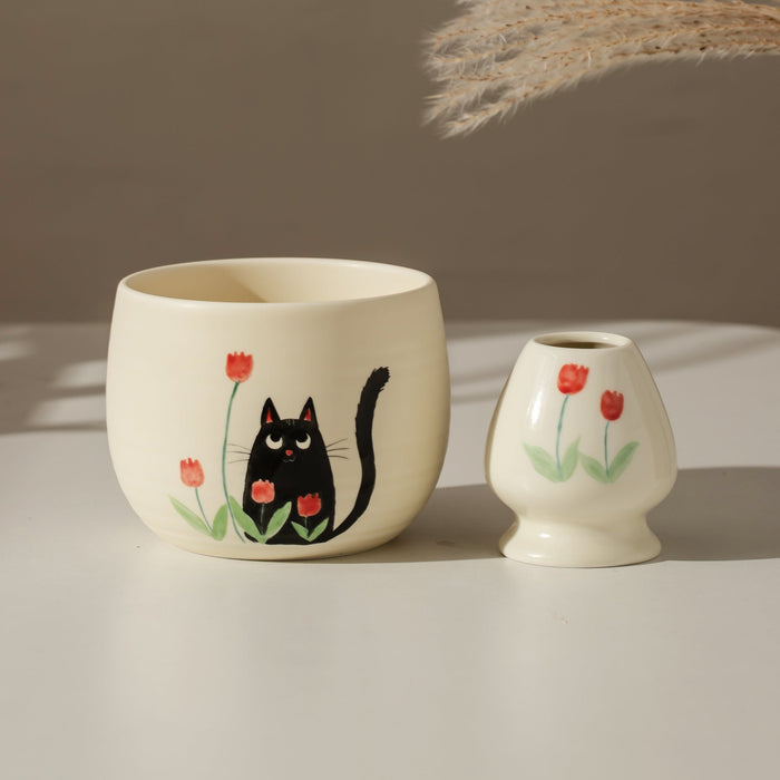 Black Cat Tulip Ceramic Matcha Set with Bowl and Chasen Holder
