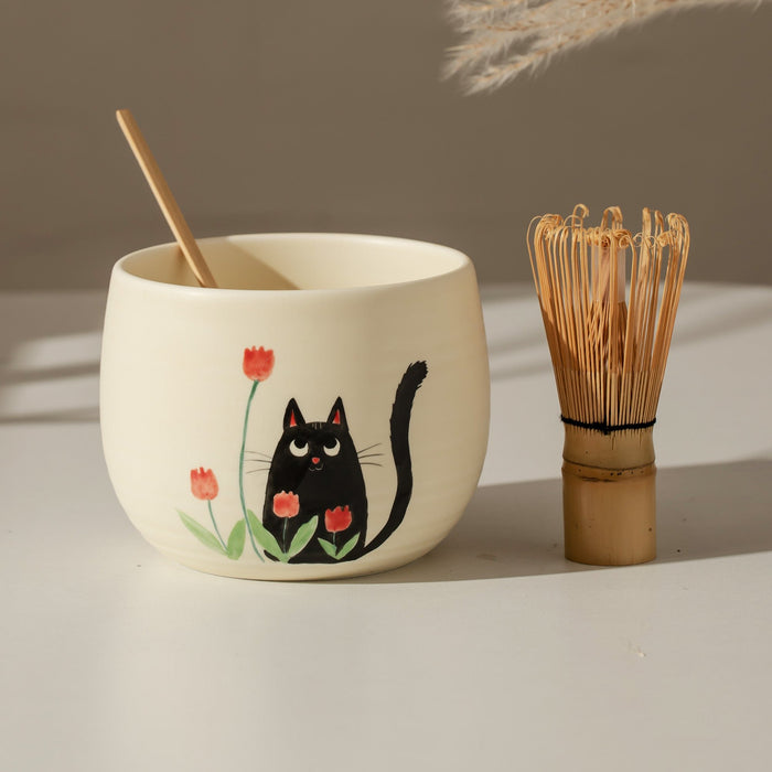 Black Cat Tulip Ceramic Matcha Set with Bowl and Chasen Holder