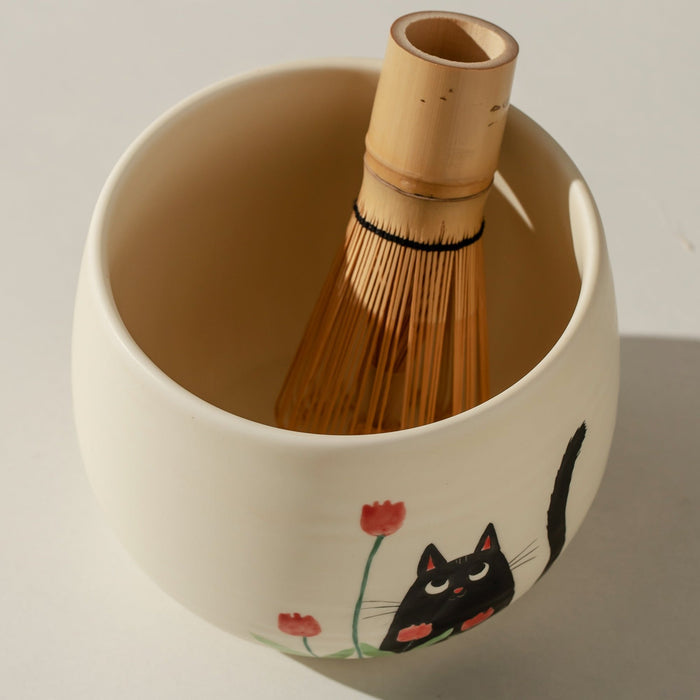 Black Cat Tulip Ceramic Matcha Set with Bowl and Chasen Holder