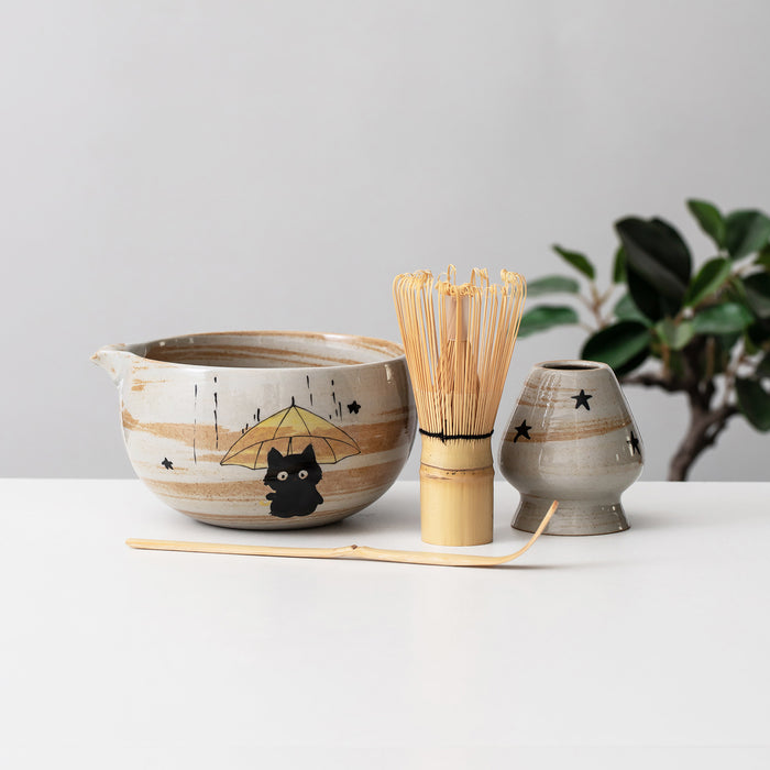 Black Cat Umbrella Ceramic Matcha Set with Bowl and Chasen Holder