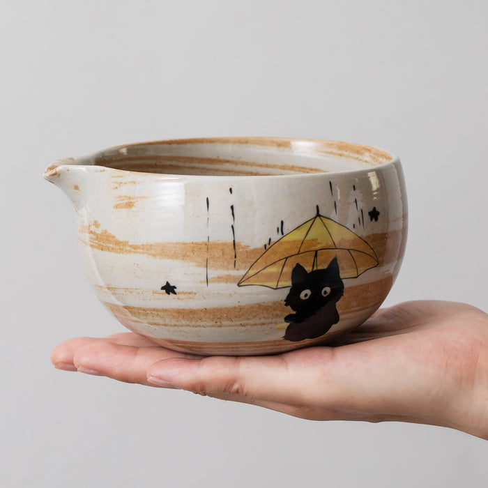 Black Cat Umbrella Ceramic Matcha Set with Bowl and Chasen Holder