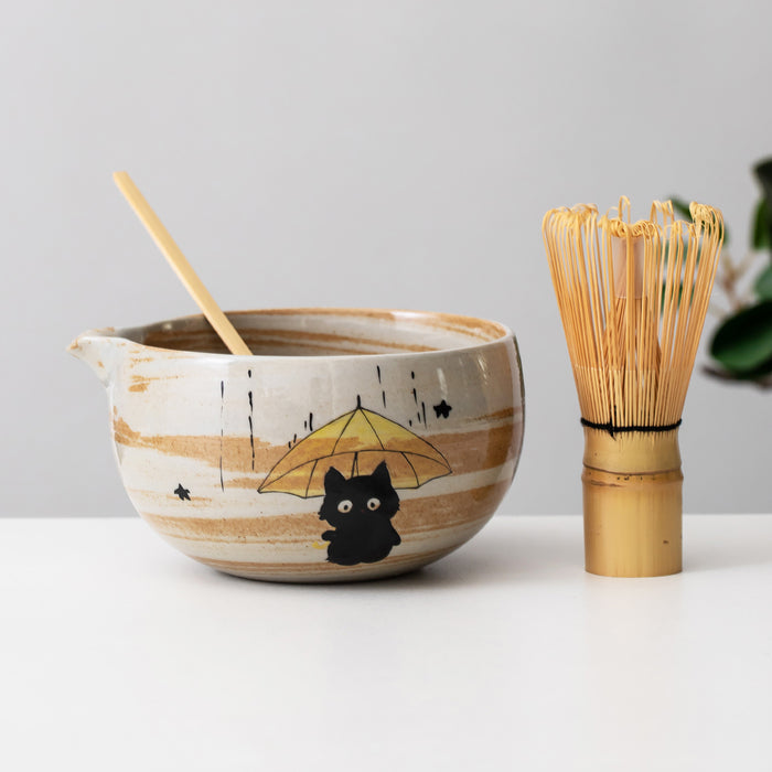 Black Cat Umbrella Ceramic Matcha Set with Bowl and Chasen Holder