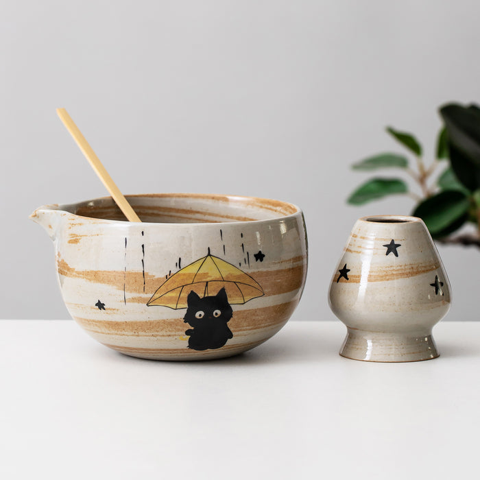 Black Cat Umbrella Ceramic Matcha Set with Bowl and Chasen Holder